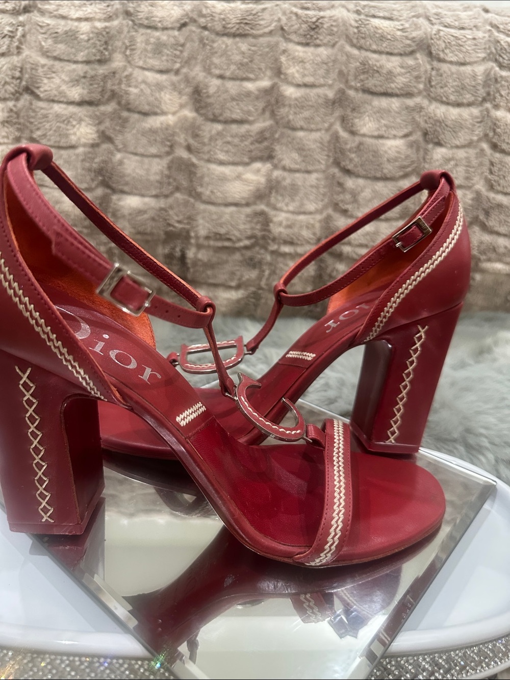 RARE DIOR C D logo Red T-Strap Block Heel dress shoes with white stitching 4’ - Picture 9 of 14